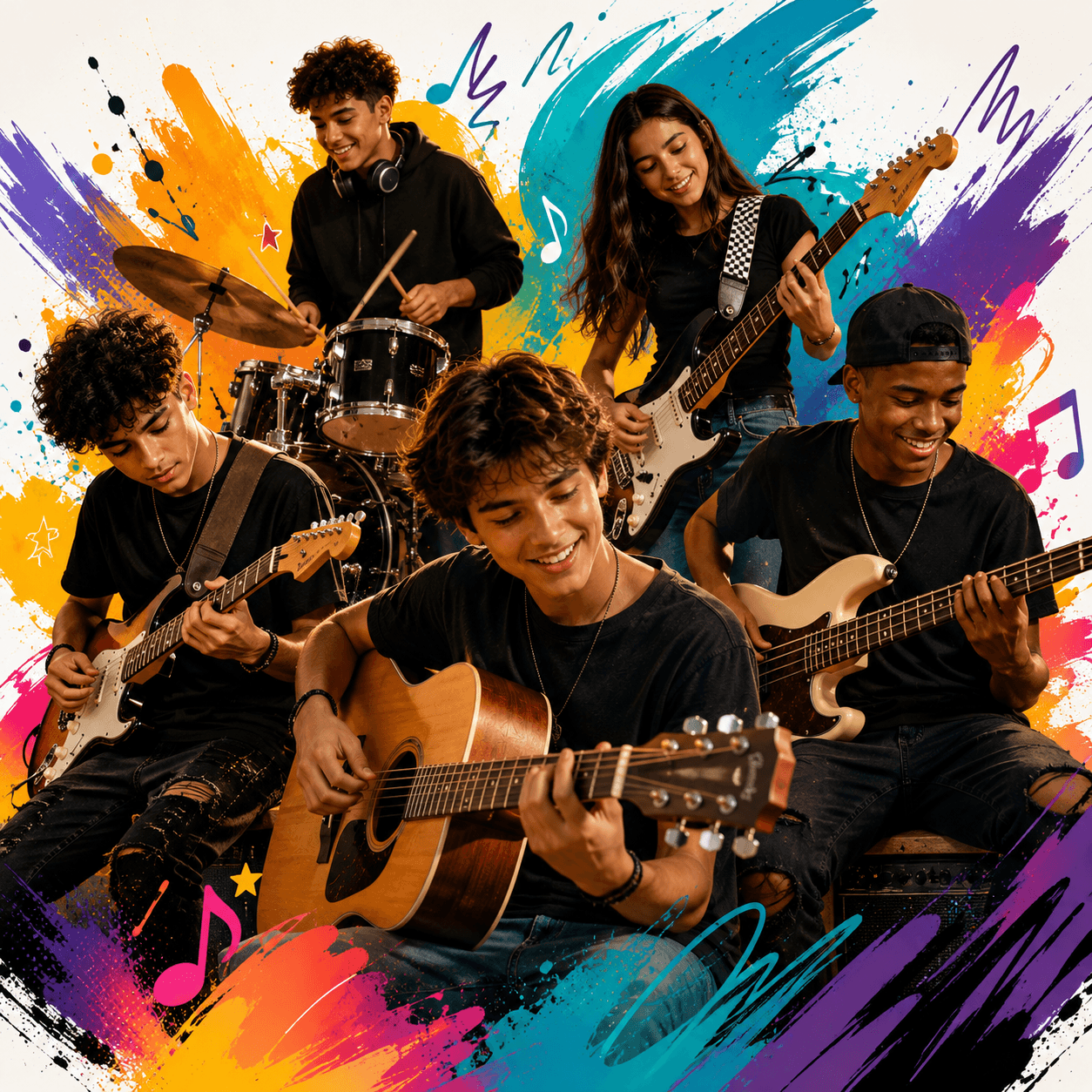 Jovens tocando violão, guitarra, contrabaixo e bateria no projeto CriaSons